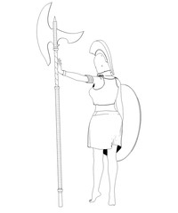 warrior woman character, 3D illustration, sketch, outline