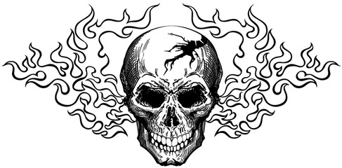 burning human skull in the tongues of fire. Front view tattoo. Black and white isolated vector illustration © insima