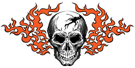 burning human skull in the tongues of fire. Front view tattoo. Isolated vector illustration