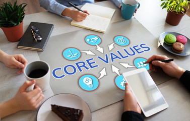 Core values. Business people teamwork in office. Wooden table top view.