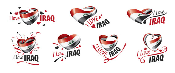 National flag of the Iraq in the shape of a heart and the inscription I love Iraq. Vector illustration