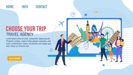 Travel Agency Tours for Traveling Families Trendy Flat Vector Web Banner, Landing Page Template. Company Manager, Showing with Pointer, Offering Destinations for Clients Vacation Journey Illustration