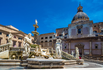 Piazza Pretoria and the Praetorian Fountain in Palermo, Sicily, Italy.
