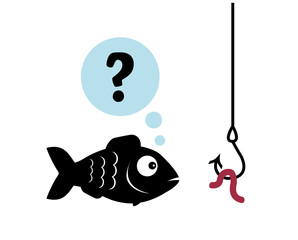 the fish looks at the worm on a fishing hook and thinks to eat it or not