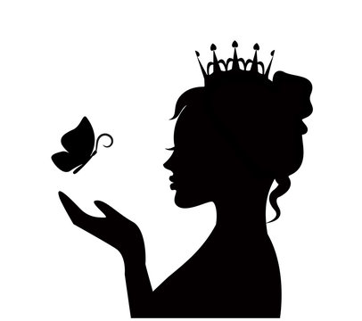 silhouette of a cute beautiful princess with a butterfly on the palm