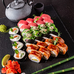 sushi on the black background