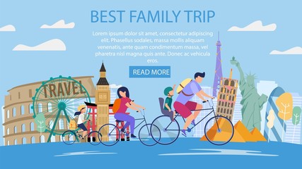 Naklejka premium Travel Agency Tours for Parents with Kids, Family Vacation Trip Trendy Flat Vector Web Banner, Landing Page. Happy Father and Mother with Children Riding Bicycles near Famous Attractions Illustration