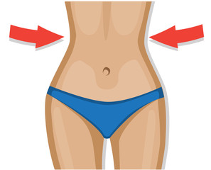 female figure in a blue swimsuit losing weight and narrowing the waist with red arrows