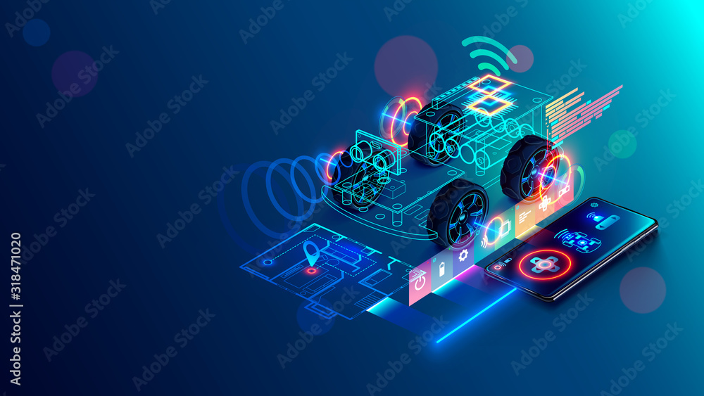 Aufkleber Phone controls the DIY robot car on microcontroller arduino. Teaching construction and programming to children. Smartphone wireless remote control of an electronic toy via internet. Conceptual banner.
