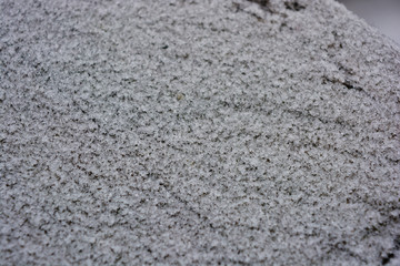 Bright white delicate and fluffy snowflakes are located on a black rubber background in winter.