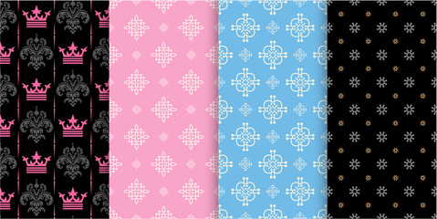 Fototapeta premium Colorful background patterns. Set of seamless vector patterns in vintage style. 4 Patterns for Your design. Vector image.
