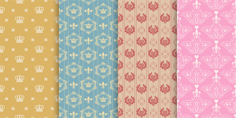 Seamless patterns - set of 4 backgrounds. Colorful patterns in retro style. Colors in the image: gold, pink, brown, blue. Vintage patterns, vector