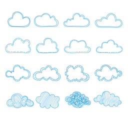 Set of cloud hand drawn on white background.