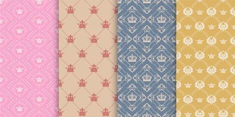 Seamless patterns - set of 4 backgrounds. Decorative patterns in vintage style. Colors in the image: gold, pink, white, blue. Vintage patterns, vector illustration
