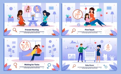 Childbirth Preparations, Pregnant Woman Social Support, Maternity and Family Relations Trendy Flat Vector Banner, Poster Set. Lady Meeting Friend, Talking with Kid, Decorating Baby Room Illustration