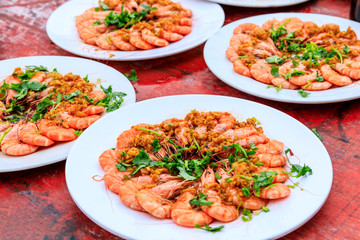 Boiled shrimp cold dish,ingredients are coriander and garlic,Chinese food.