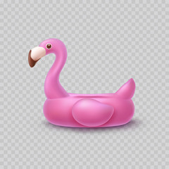 Flamingo isolated on transparent background. Pink inflatable swimming pool ring. Vector 3d float icon. Summer beach or pool toy template..