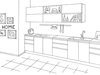 Kitchen room graphic black white home interior sketch illustration vector