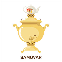 Vector Traditional Russian gold samovar with teapot icon in flat style isolated on white background.