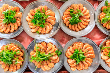 Boiled shrimp and coriander cold dishes,Chinese food,top view.