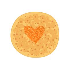 Vector Pancake with red caviar in shape of heart icon in flat style isolated on white background.