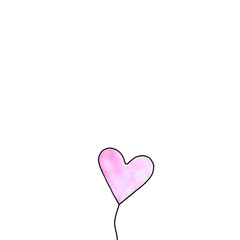 Pink watercolor balloon in shape of heart isolated on white background. Symbol of love, romance. Simple illustration for Valentines day, birthday, wedding, greeting card, web. Doodle hand drawn
