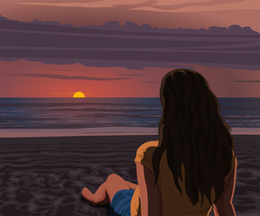 Beach Sunset Scene Vector Illustration. Properly Layered. ESP.