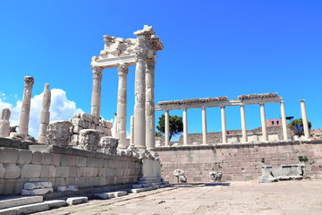 Ruins and columns of Temple of Trajan at Acropolis of Pergamon, Turkey