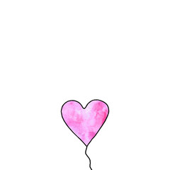 Pink watercolor balloon in shape of heart isolated on white background. Symbol of love, romance. Simple illustration for Valentines day, birthday, wedding, greeting card, web. Doodle hand drawn