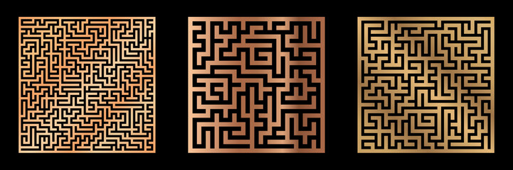 Cutout silhouette squre panel set with maze ornament. Template for printing, laser cutting stencil, engraving. Vector illustration.