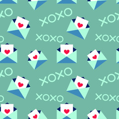 Cute Valentine's day seamless repeat pattern. Love letters with hearts and xoxo symbol. Vector flat illustration. Romantic print.