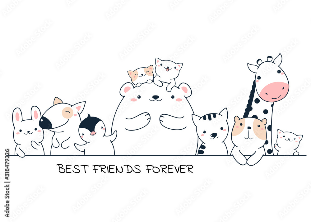 Wall mural best friends forever. horizontal poster with cute animals