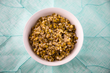 mung bean with white rice soup which is called Nokdujuk in Korea