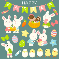 Set of cute cartoon Easter rabbits and chickens