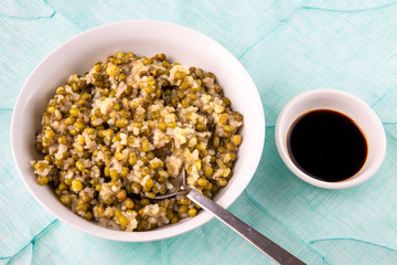 mung bean with white rice soup which is called Nokdujuk in Korea