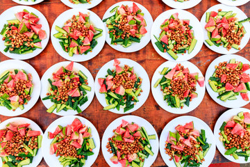 Red radish and peanut with cucumber cold dish,Chinese food,top view.
