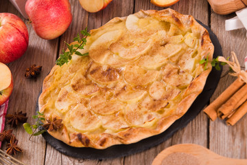 Apple tart with sugar cinnamon topping.	