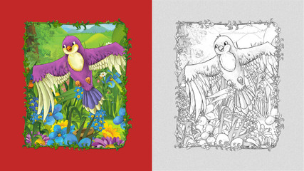 cartoon scene with beautiful bird on the meadow with sketchbook