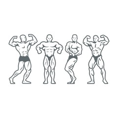 Fototapeta na wymiar Isolated illustrations set of bodybuilders in heroic poses. Black and white illustration.