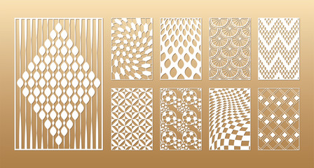 9 Laser cut vector panels (ratio 2:3). Cutout silhouette with treads and beads, soccer ball, sliced citrus, mosaic and geometric patterns. The set is suitable for engraving, laser cutting wood, metal.