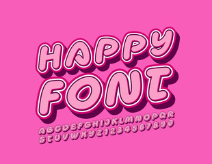 Vector Happy Font for Kids. Bright Pink Alphabet Letters and Numbers. 