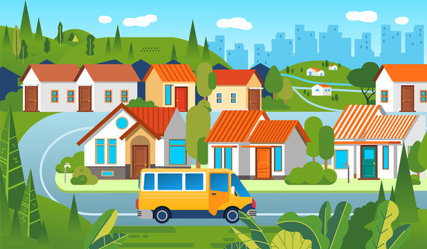 Housing complex with houses, tree, road, and car with cityscape as background vector illustration