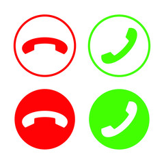 Phone icon set in colors. Flat red and green interface buttons. Call application symbol. Simple shape telephone sign. Isolated on white background. Vector illustration image.