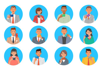set of People man and women holding card flat vector illustration