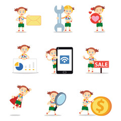 Set of character woman on vacation at Hawaii beach.