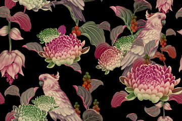 Seamless floral pattern. Leaves, flowers and cockatoo on black background. © marinavorona