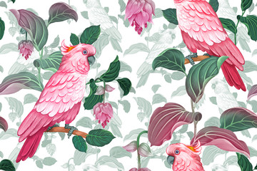 Seamless floral pattern. Pink cockatoo on branches of tree. © marinavorona