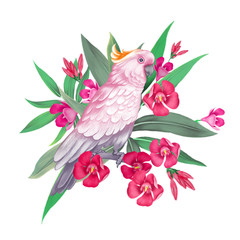 Exotic floral decoration. Pink cockatoo on the branches of a blossoming tree