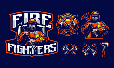 Fire fighters mascot logo design with extra design fit for sport of e-sport logo isolated on dark background