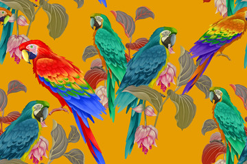 Leaves, flowers, macaw on yellow background. Seamless pattern